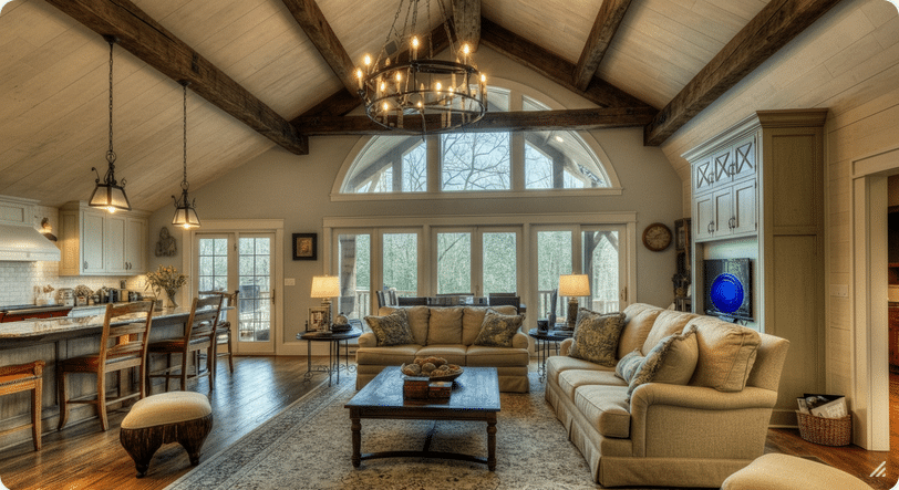 Photograph of a luxurious, open-concept living room and kitchen with vaulted ceilings, exposed wooden beams, and large windows offering a serene view of nature.