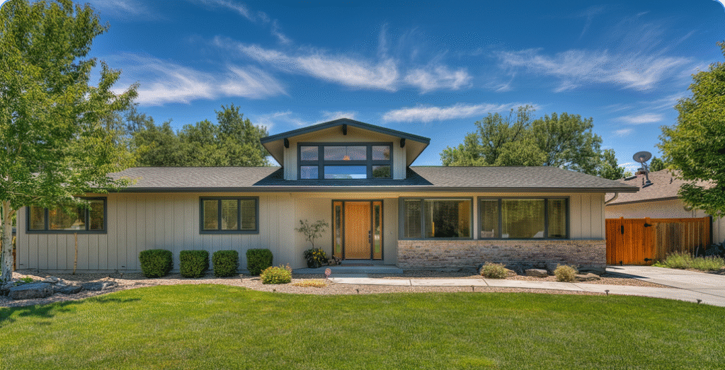 Ranch Style Home Exterior - Ranch Style Homes USA The image showcases a ranch style home exterior characterized by horizontal window arrangements, featuring large picture windows and sliding glass doors that enhance natural light and create a seamless indoor-outdoor living experience. The clean lines and neutral colors of the home complement its architectural style, making it an inviting space with great curb appeal.