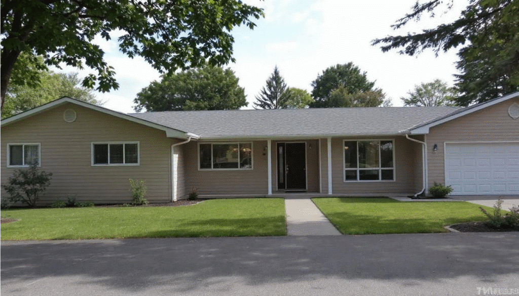 The image depicts a ranch style home featuring a spacious front yard and a simple roofline, enhancing the home's curb appeal. The inviting front porch adds to the aesthetic charm, while the layout suggests ample living space for family activities.