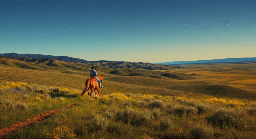 An image showcasing the joys of ranch living features a person horseback riding across vast, rolling hills, surrounded by open pastures and vibrant nature. The scene captures the essence of outdoor activities and the deep connection to the land that comes with living on a ranch, highlighting the freedom and adventure of rural life.