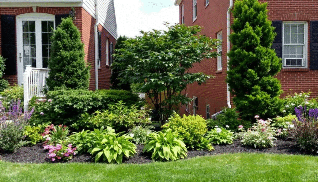 The image showcases a red brick ranch house with an inviting front porch, featuring varied height plantings that enhance its curb appeal against the dark brown exterior. The well-planned landscaping complements the red brick and creates a harmonious entrance to the home.