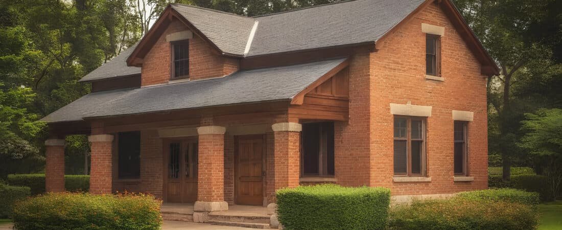 A rustic red brick ranch house with classic architecture, surrounded by lush greenery, captured in a high dynamic range photograph with warm, natural lighting and detailed textures.