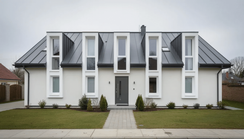 The image showcases a renovated ranch house featuring added shed dormers that enhance the home's curb appeal by breaking up the long, flat roofline. This exterior design choice not only adds visual interest but also creates a more dynamic and inviting space for family and guests.