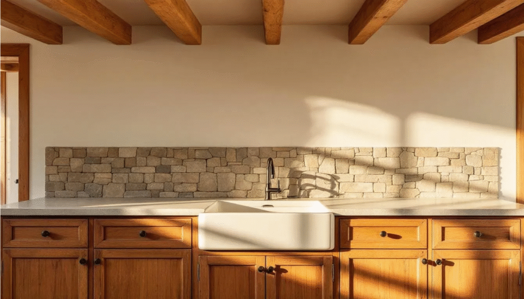 Rustic Kitchen - Ranch Style Homes USA This image features a rustic kitchen adorned with exposed wooden beams and a farmhouse sink, complemented by a beautiful stone backsplash. The combination of natural materials and earthy tones creates a cozy and inviting atmosphere, embodying rustic charm and elegance.