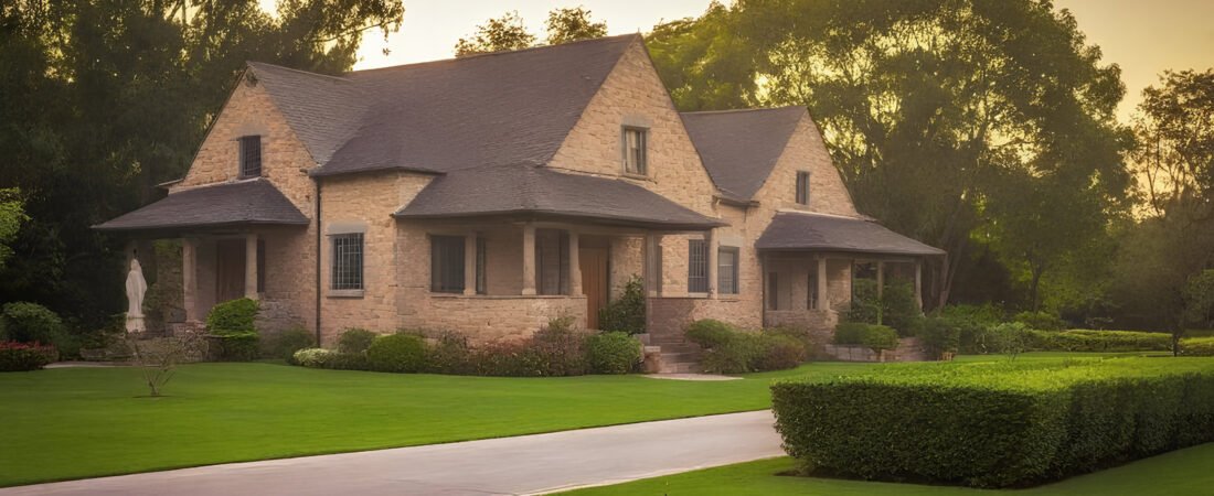 Rustic Look Homes - Ranch Style Homes USA Rustic homes with natural stone exteriors, surrounded by lush greenery, captured in a high dynamic range photograph with warm, golden lighting and detailed textures.