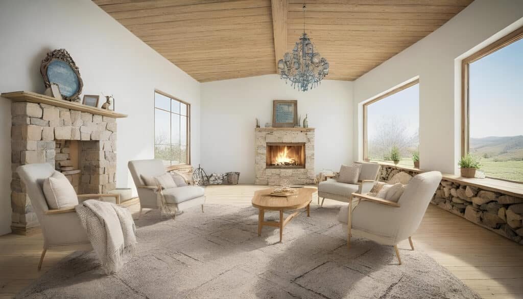 Rustic Ranch Living Room - Ranch Style Homes USA A cozy living room with a stone fireplace, leather armchairs, a woven rug, and wooden beams on the ceiling. Warm lighting and a soft throw blanket on the sofa.