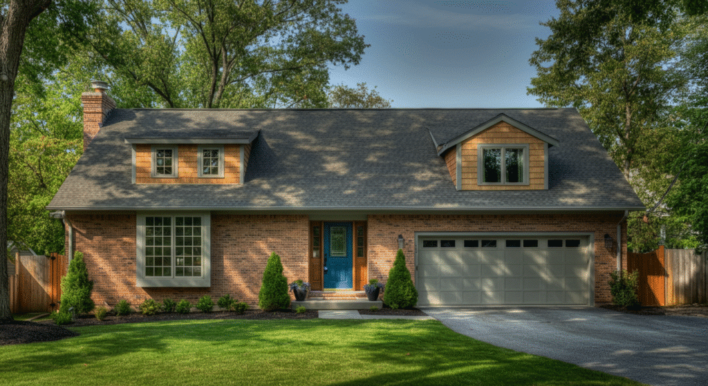 The image showcases a ranch house with a newly designed exterior featuring stylish shed dormers that enhance the roofline and add visual interest. This transformation significantly improves the home's curb appeal, making it stand out in the neighborhood while inviting natural light into the interior spaces.