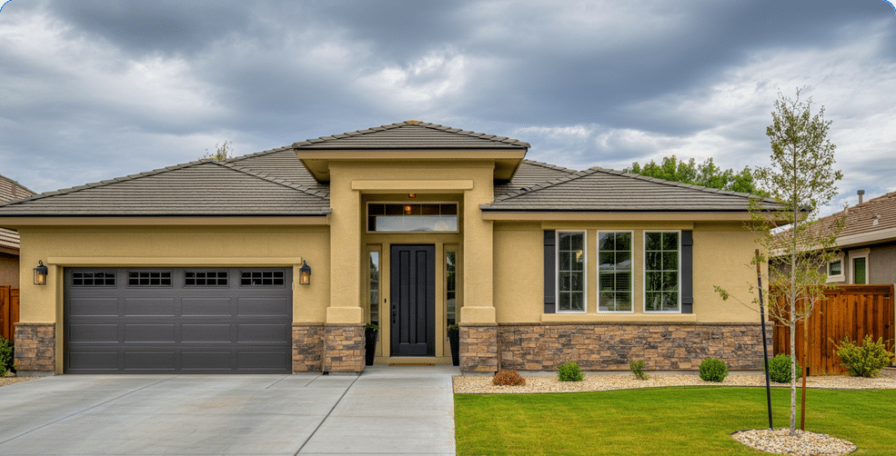 The image showcases a modern ranch style home featuring a sleek stucco exterior that enhances its curb appeal. The facade is complemented by warm colors and elegant details, including a welcoming front door and large windows that allow natural light to illuminate the space.