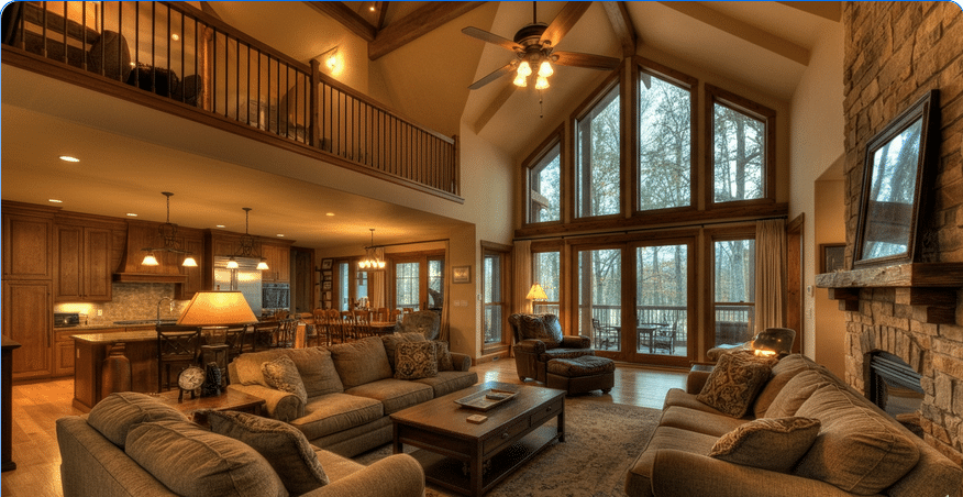 The image showcases a spacious great room in a ranch style home, featuring a dramatic loft above that enhances the high-ceiling effect. Large windows allow natural light to flood the space, while a cozy fireplace and comfortable seating create an inviting atmosphere, seamlessly connecting to the kitchen and outdoor areas.