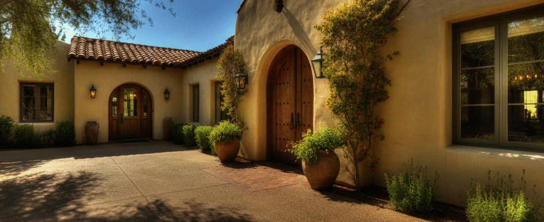 Photograph of a luxurious Spanish Colonial/Mediterranean style home entrance with a grand wooden arched door, stucco walls, and terracotta roof, bathed in warm sunlight.