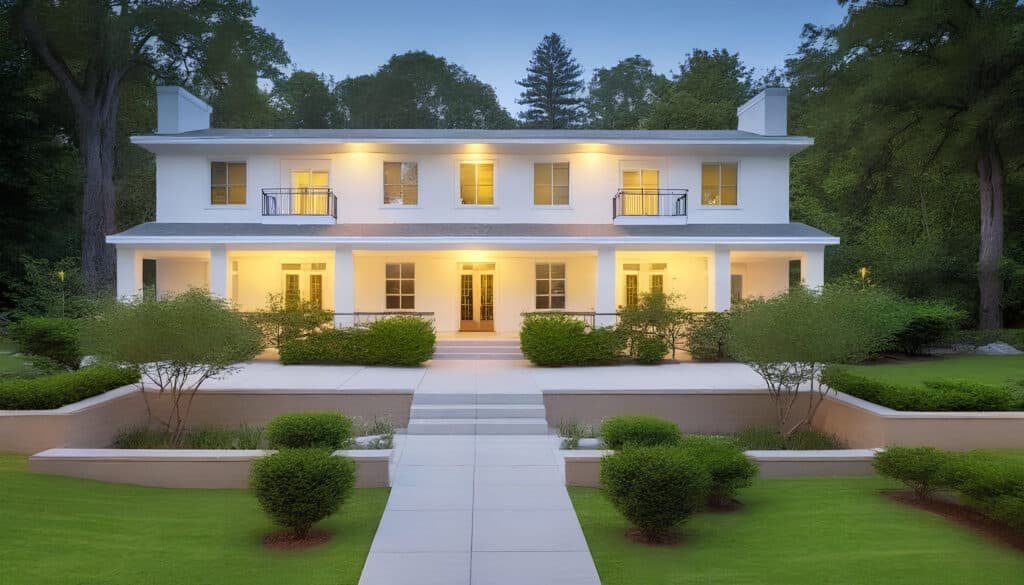 A modern split-level ranch house with multiple short staircases, central entry, and divided living areas and bedrooms on different levels, warm exterior lighting, and lush surroundings Photograpgh, HDR