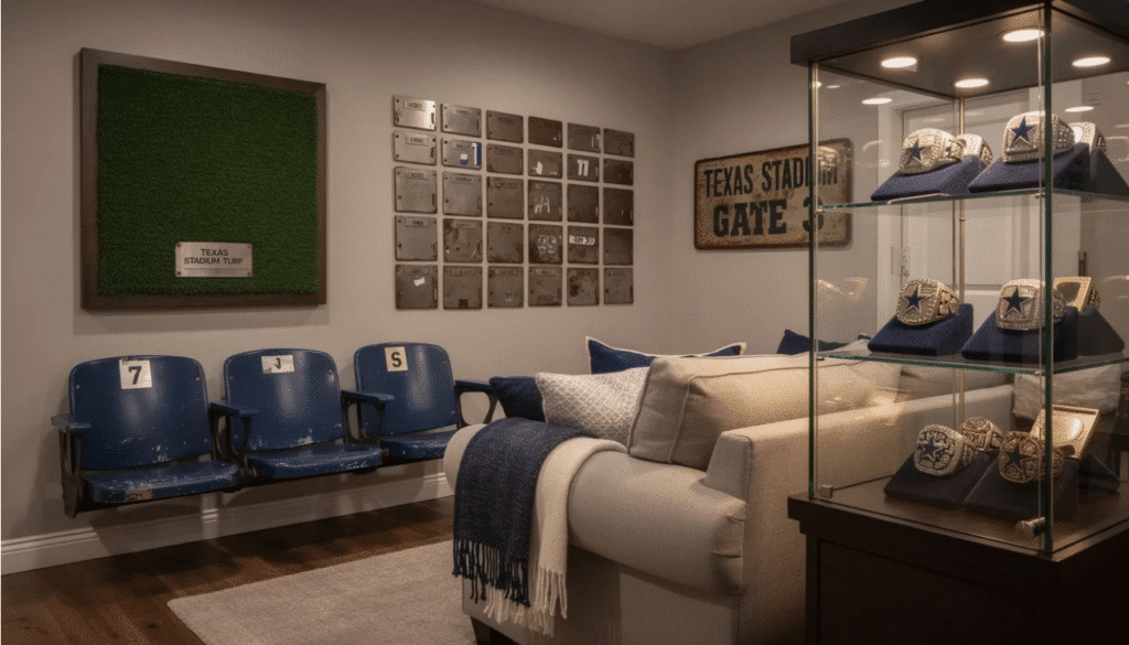 The image showcases a cozy room filled with authentic sports memorabilia, featuring Texas Stadium seats, locker room plates, and championship replica rings. This Cowboy House decor reflects a passion for sports heroes and offers a unique collection for fans and collectors to create a personal and inviting space.