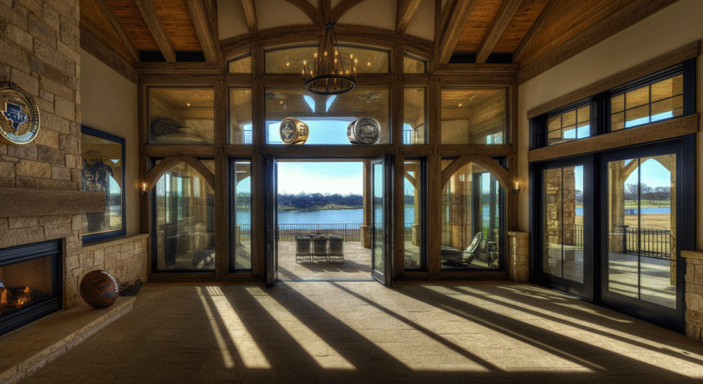 The image showcases a luxurious Texas-inspired home featuring timber-frame accents and stone exteriors, with large glass walls that provide stunning views of Lake Dallas. Elements of sports memorabilia, including championship replica rings and authentic memorabilia, are incorporated into the design, reflecting the proud spirit of Texas and its sports heroes.