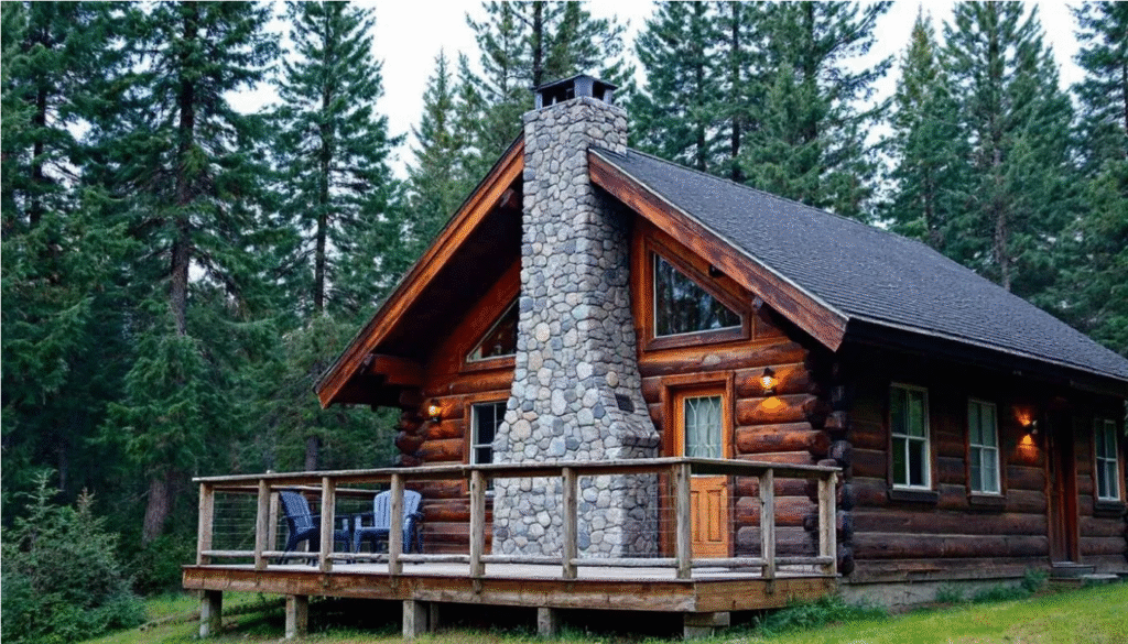 Stone Home - Ranch Style Homes USA A rustic log cabin exterior showcases a stone chimney and a wooden deck, surrounded by tall pine trees, embodying rustic charm and natural beauty. The inviting atmosphere is enhanced by the use of natural materials and earthy tones, creating a cozy retreat in the mountains.