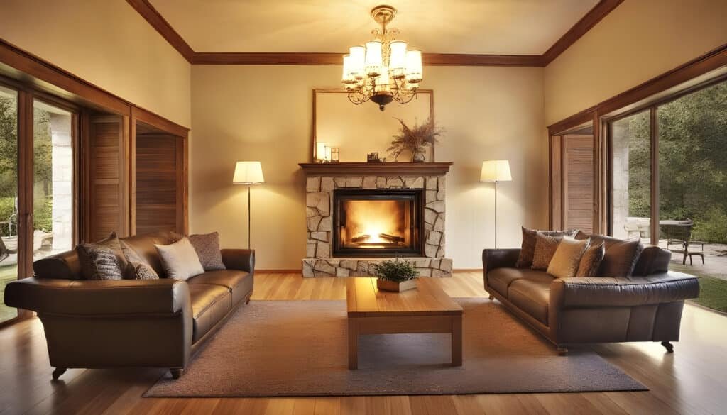 Stone Interior - Ranch Style Homes USA The image showcases a cozy ranch house interior featuring a stone fireplace as the focal point, surrounded by warm wood accents and woven textiles that create a rich ranch aesthetic. The space is designed with layers of texture and natural materials, inviting a sense of rustic charm and sophistication into the home.