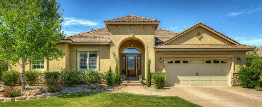 Photograph of a charming, well-maintained single-story home with lush green landscaping under a bright blue sky, conveying comfort and desirable living.