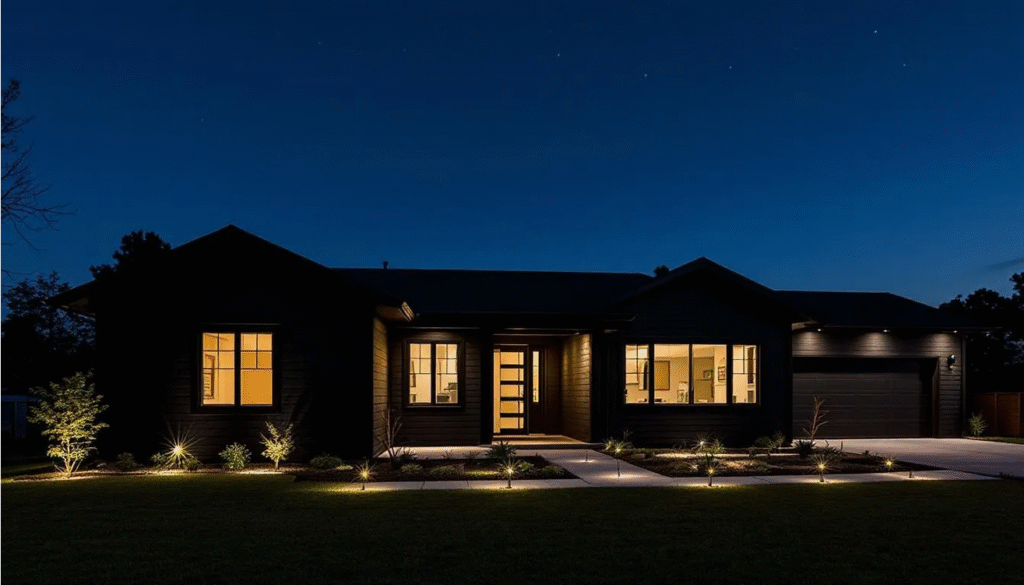 Stunning Black Ranch House - Ranch Style Homes USA The image depicts a stunning black ranch house illuminated by strategic landscape lighting at night, showcasing its sleek black exterior and contrasting white trim. The modern home features vertical siding and wood accents, creating a striking focal point that enhances its curb appeal.