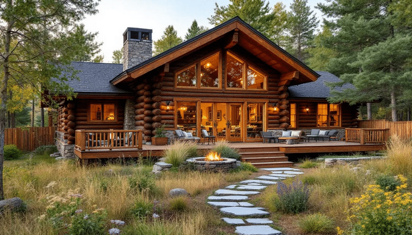 The image showcases a stunning log ranch home seamlessly integrated with its surrounding landscaping and outdoor living spaces, featuring beautiful log walls, large windows, and inviting areas for family gatherings and entertaining friends. This dream log home exemplifies quality craftsmanship and a unique vision for outdoor lifestyle.