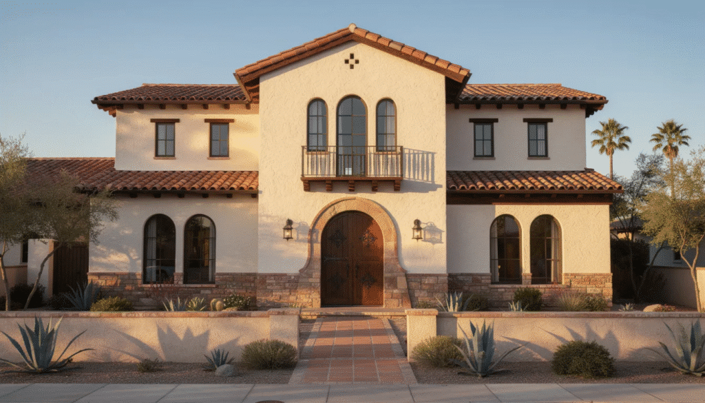 The image showcases a stunning Spanish style home characterized by its thick stucco walls, arched windows, and a beautiful tile roof, set against a backdrop of lush landscaping. The design features elegant exposed wood beams and inviting outdoor living spaces, reflecting the architectural heritage of the Spanish colonies.