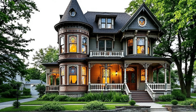 The image depicts a stunning Victorian house showcasing key architectural features such as ornate hardware, stained glass windows, and a welcoming front porch. The asymmetrical facade and steeply pitched roof highlight the distinctive characteristics of Victorian architecture, reminiscent of Queen Victoria's reign during the Industrial Revolution.