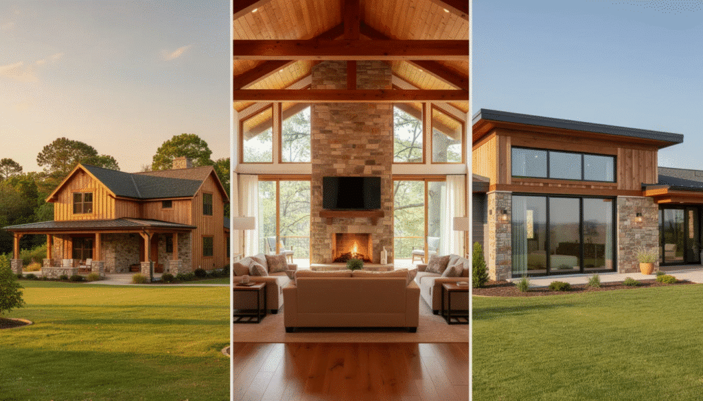 The image depicts a modern ranch style house featuring a low pitched roof and large windows that invite natural light. The design elements include a cozy stone fireplace and warm wood beams, emphasizing the home's connection to nature and its open floor plan that enhances functionality.