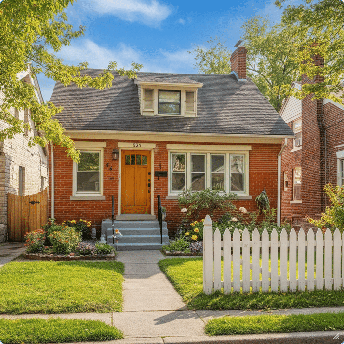 Photograph of a charming red brick house with a vibrant garden, white picket fence, and a welcoming wooden door under a clear blue sky, evoking warmth and home.