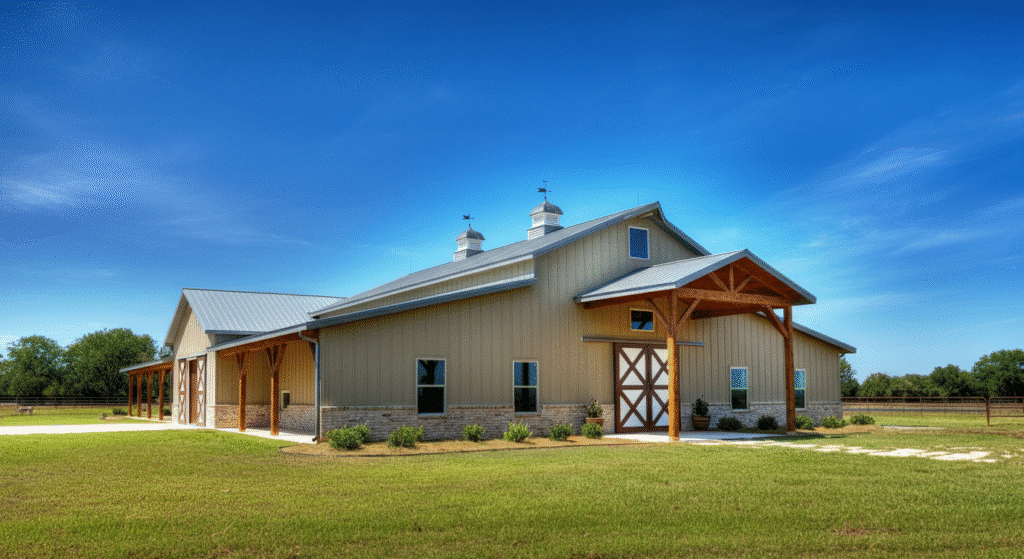 Photograph of a large, modern barn-style building with a metal roof and stone accents, set against a vibrant blue sky and lush green lawn, evoking tranquility and quality.