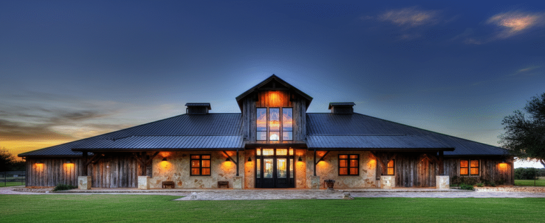 Photograph of a grand, rustic-modern barn-style building at dusk, featuring warm interior lighting, a dark metal roof, stone and wood facades, and a vibrant sunset sky.