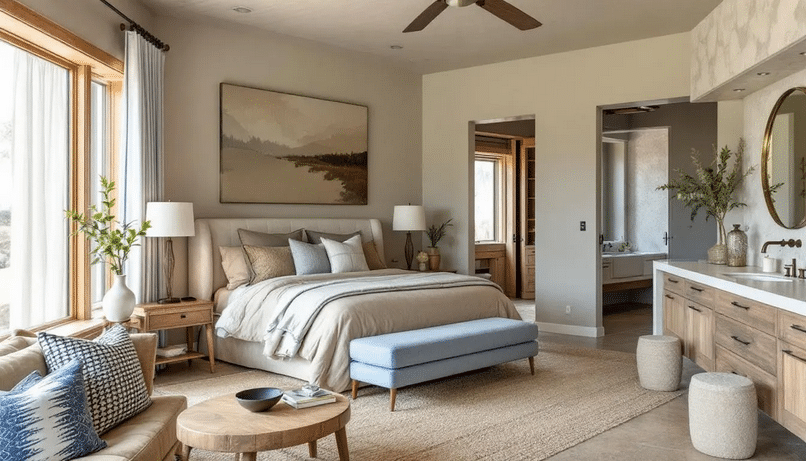 The image showcases a beautifully designed primary bedroom in a Texas ranch house, featuring a plush bed and warm decor that create a cozy retreat. Natural materials like wood beams and a stone fireplace add rustic charm, while calming shades of blue and taupe enhance the peaceful ambiance of the space.
