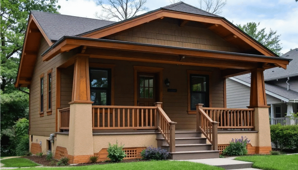 The image depicts a traditional craftsman bungalow featuring a wide front porch and a low pitched roof, showcasing the distinctive architectural style associated with the arts and crafts movement. This bungalow style house emphasizes modest size and practical living spaces, characteristic of many homes built in the early 20th century.
