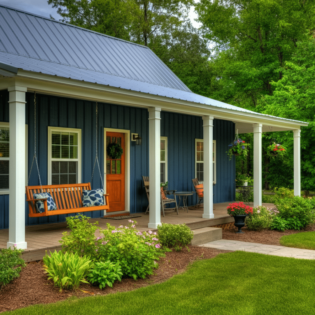 Photograph of a charming blue house with a welcoming front porch, lush green lawn, and vibrant garden, evoking comfort and a connection to nature.