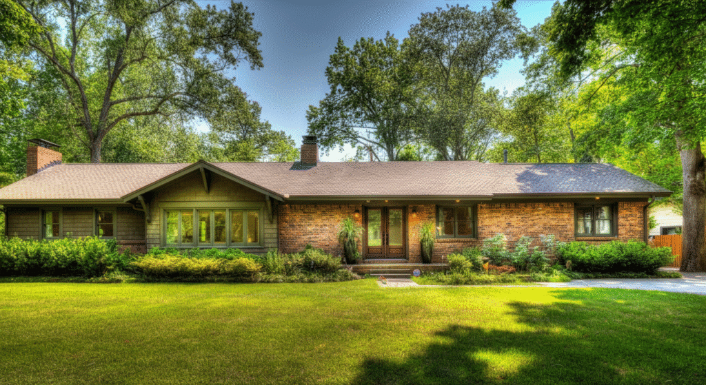 The image depicts a traditional ranch house characterized by its long, low profile and open floor plan, featuring large windows that invite ample natural light. The exterior showcases a combination of wood siding and brick, with a low-pitched roof and sliding glass doors that seamlessly connect the indoor living space to the backyard.