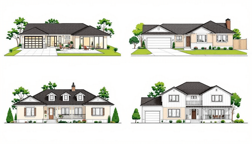 The image showcases various styles of ranch houses, including California ranches with U-shaped designs and spacious patios, suburban ranches characterized by their classic boxy shapes, and raised ranches featuring split-level layouts. Each home highlights unique architectural elements that reflect their history and design, emphasizing the importance of understanding ranch style homes for effective interior design choices.