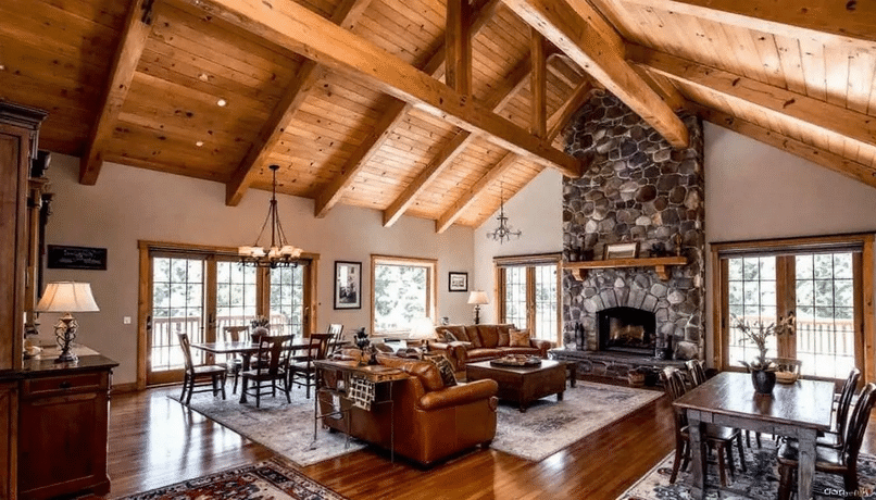 The image showcases a spacious great room featuring a stunning vaulted log ceiling and a cozy stone fireplace, exemplifying the open floor plan of a dream log home. Large windows invite natural light, enhancing the inviting atmosphere perfect for family gatherings and entertaining friends.