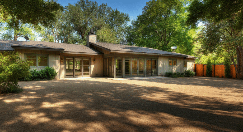 The image showcases a beautifully designed ranch style house featuring a single story layout with large windows that allow natural light to flood the interior. The open floor plan seamlessly connects the living areas, and sliding glass doors lead to an inviting outdoor space, perfect for entertaining or enjoying a quiet moment.