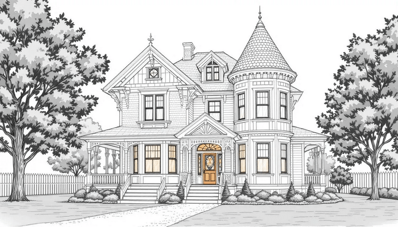 The image showcases a variety of Victorian house designs, including a charming Queen Anne with a wraparound porch and ornate turret, a Gothic Revival home featuring pointed arches and steep roofs, and a stately Second Empire with its distinctive mansard roof. Each house reflects the unique architectural styles of the Victorian era, highlighting ornate details and decorative elements that evoke a sense of historical charm.