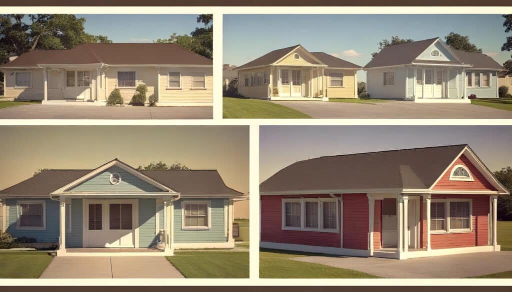 The image features a historic advertisement showcasing various bungalow house plans from a vintage catalog, highlighting different architectural styles such as craftsman bungalows and California bungalows. The designs include details like low pitched roofs, open floor plans, and large porches, reflecting the popular features of the early 20th century American bungalow movement.
