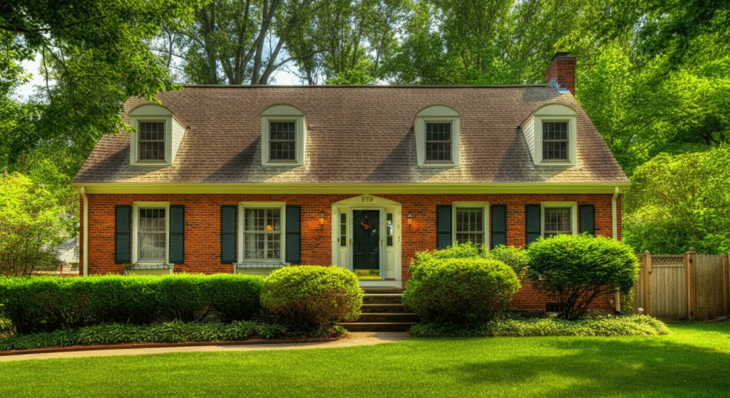 The image showcases a charming colonial ranch house featuring a blend of traditional colonial and ranch styles, with symmetrical windows and doors, exposed brick accents, and a welcoming front porch. The exterior is enhanced by natural materials and landscaping, creating a warm and inviting atmosphere that complements its surroundings.
