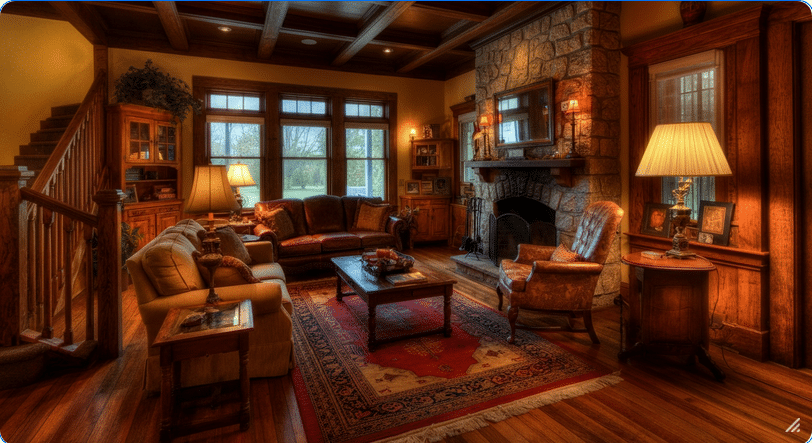 Photograph of a luxurious, traditional living room with a stone fireplace, rich wooden accents, and warm lighting, evoking comfort and timeless elegance.