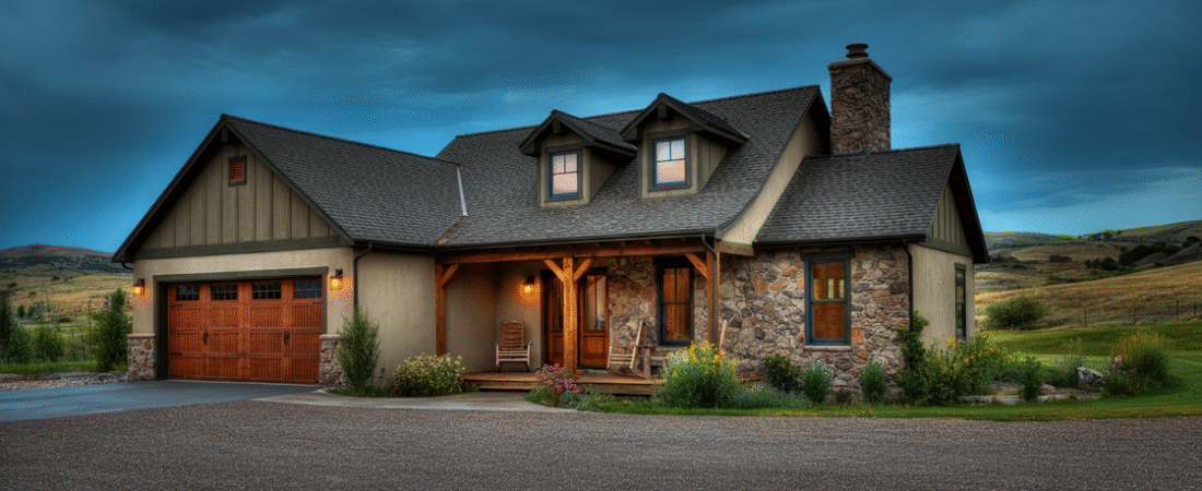 Western Home - Ranch Style Homes USA A warm, inviting Western-style home with rustic details, captured in a high dynamic range photograph with rich, natural lighting and a serene outdoor background.