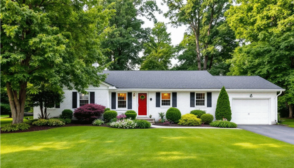 White Brick Ranch Home - Ranch Style Homes USA The image depicts a charming white brick ranch home featuring a vibrant red front door and classic black shutters, surrounded by lush, mature landscaping. The house boasts a larger porch that adds to its welcoming character, showcasing a modern yet timeless design.