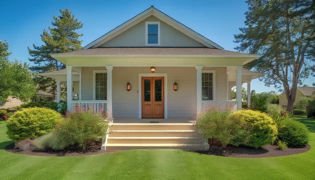 Photograph of a charming, well-maintained Craftsman-style bungalow with lush green lawn, vibrant flower beds, and an inviting front porch under a clear blue sky.