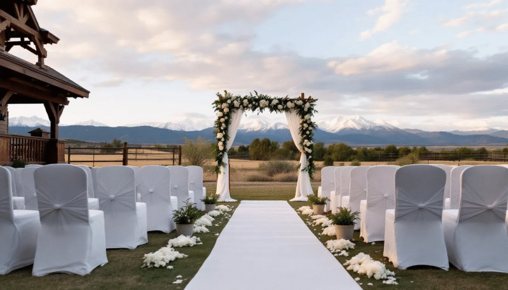 An outdoor wedding ceremony setup is beautifully arranged in a ranch landscape, with lush greenery and majestic mountains in the background, creating an idyllic setting for a special occasion. The wooden deck and rustic charm of the venue provide the perfect backdrop for this unforgettable experience.