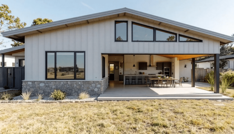 The image depicts a charming rambler house, showcasing its single-story layout that promotes easy living with open floor plans. The design features sliding glass doors leading to a sunny patio, creating a seamless connection between indoor and outdoor spaces, ideal for families looking for comfort and accessibility.