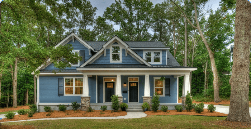 The image features a charming blue ranch house with contrasting white trim and dark gray shutters, showcasing a welcoming porch area. The exterior is complemented by stone accents at the base and lush landscaping, creating an inviting curb appeal that evokes a coastal vibe.