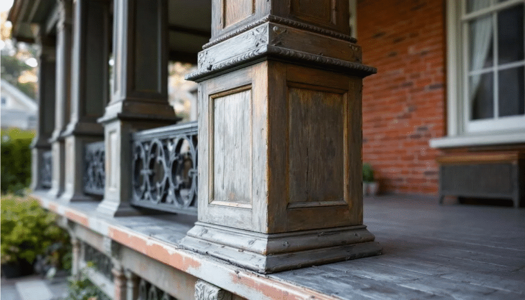 A close-up view of a bungalow front porch showcases distinctive wide columns and intricate architectural details typical of the craftsman style. This inviting space, often found in bungalow homes, highlights the charm and character associated with the arts and crafts movement.