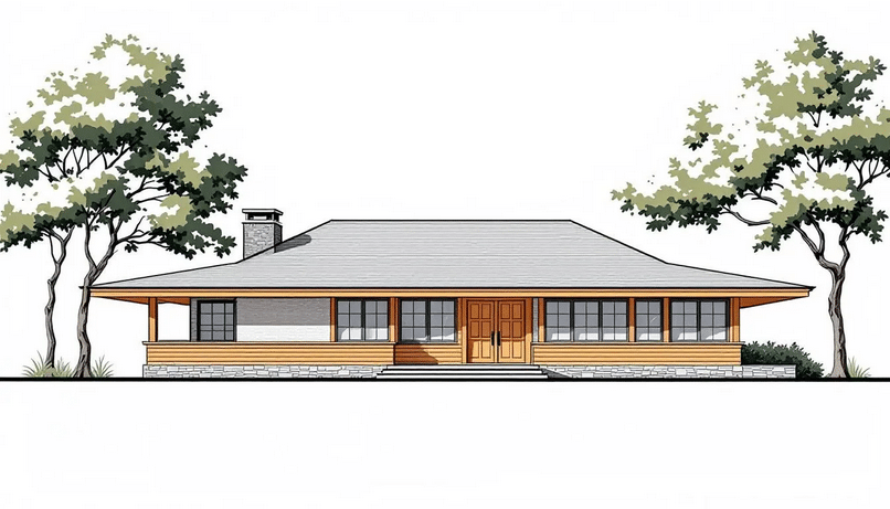 The image showcases a prairie style house characterized by its long, low profile and overhanging eaves that create a sense of harmony with the surrounding natural landscape. Large windows arranged in bands enhance the connection between indoor and outdoor spaces, while the use of natural materials like wood and brick adds warmth and texture to this early 20th-century architectural style.