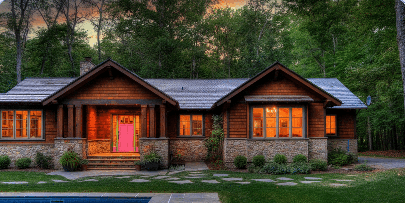 Photograph of a luxurious rustic-modern home nestled in a lush forest at dusk, featuring a vibrant pink door, warm interior lighting, and a serene swimming pool, evoking comfort and unique style.