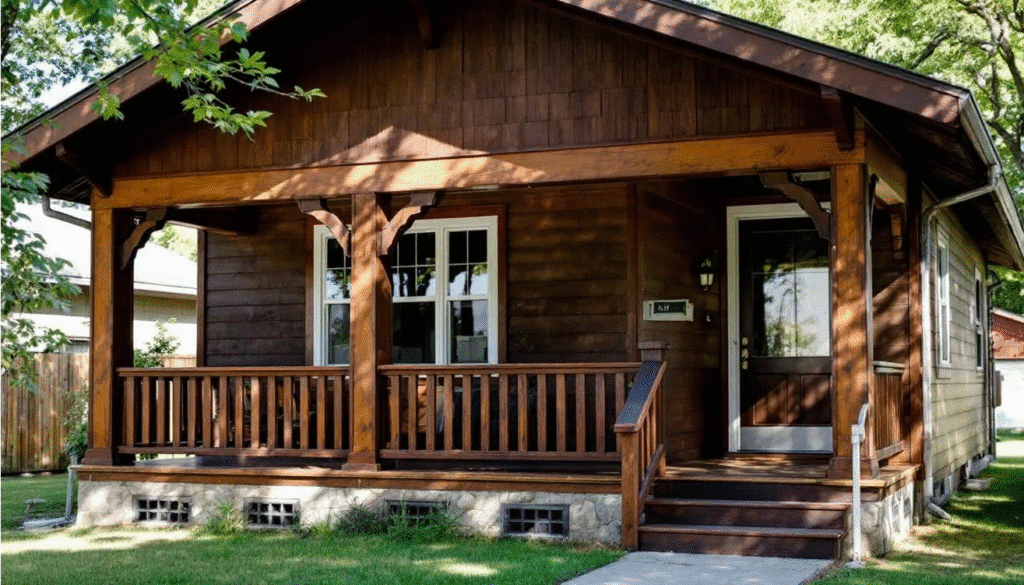 The image depicts a classic American Craftsman bungalow featuring a wide front porch supported by tapered columns and a low-pitched roof with overhanging eaves. This charming architectural style, characteristic of the Arts and Crafts movement, showcases handcrafted details and a warm, inviting exterior.