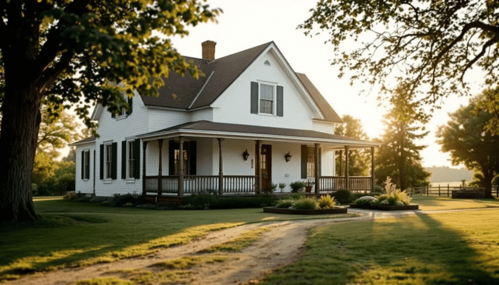 image - Ranch Style Homes USA A traditional American farmhouse featuring a wraparound porch and gabled roof is nestled in a rural landscape, showcasing rustic charm and timeless design. The house, characterized by board and batten siding and large windows, blends modern functionality with classic farmhouse style, creating inviting outdoor spaces for families to enjoy.